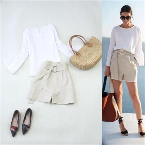 Fashion suit female summer new high-quality white cotton and linen 7-point sleeve thin shirt + khaki flax high waist shorts suit