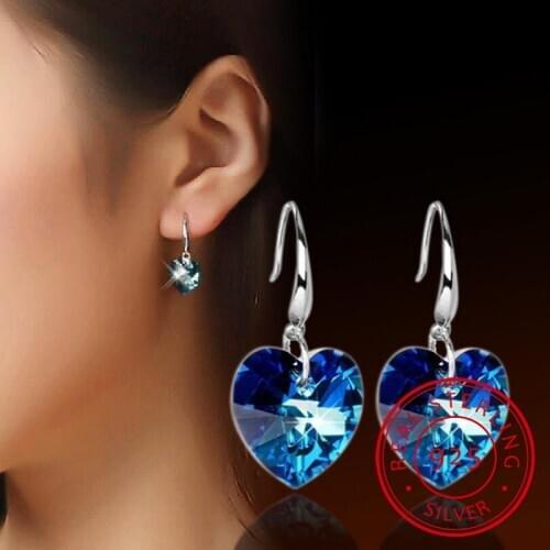 Sweet Fashion 925 Sterling Silver Blue Crystal Love Heart Drop Earrings For Women Valentines Day gifts