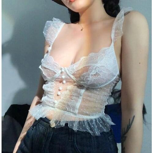 Missnight Lace White Tank Top See Through Button Up Sexy Camisole Tops Low Chest Vintage Ruffles Elegant Party Women Clothing