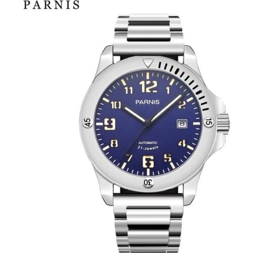 Parnis 43.5mm Blue Dial Mens Automatic Mechanical Watch Luminous Calendar Stainless Steel Bracelet Men Watches 2019 Man Clock