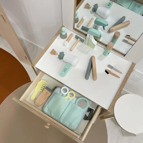 Simulation Children Hairstyling Game Kit Wooden Hairdressing Toy Barber Toy With Storage Bag Hands-On Training Playing House Toy