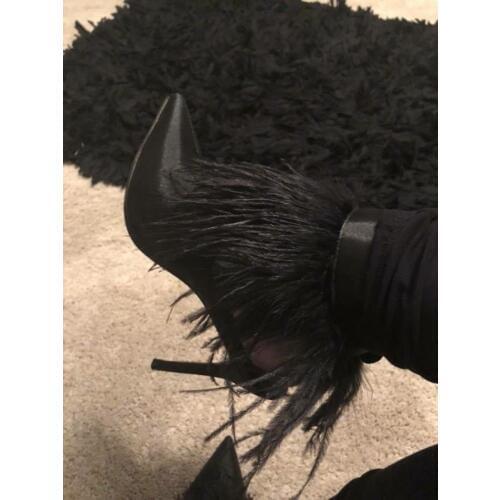 Hot New Women Sexy Black Satin Oterala Vintage-glam Feather Fur Button Pointed Toe High Heel Ankle Boots Party Booties Lady