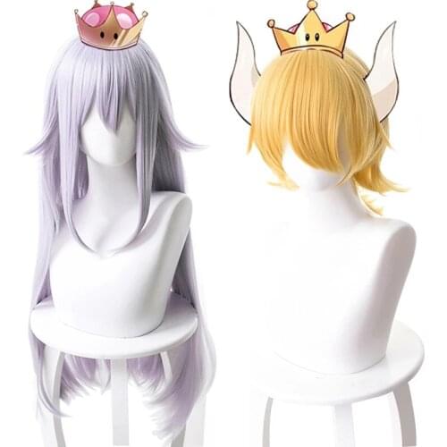 Booette King Boo Long Sliver Purple Cosplay Wig Mario Bowsette Blonde Wig Heat Resistant Synthetic Hair Game Wigs + Wig Cap