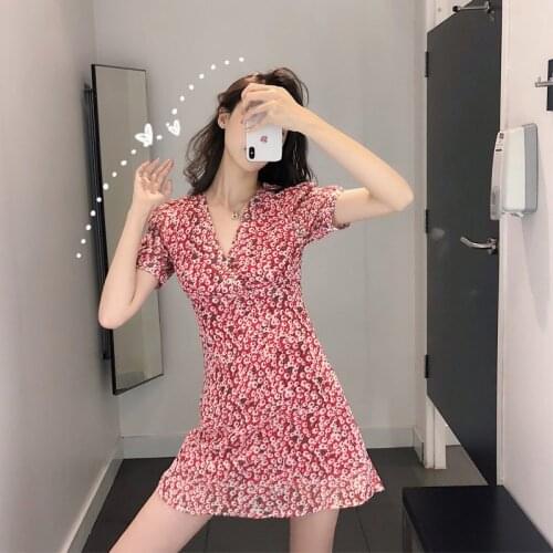 Summer Dress Chiffon Small Daisies Short Sleeve V-neck High Waist Slim Yellow Red Holiday Women Vestidos Ropa Mujer 3235