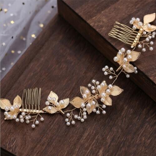 Fashion Wedding Gold Headdress For Bride Handmade Wedding Hair Combs Leaf Pearl Headband Hair Accessories Hairband Ornaments