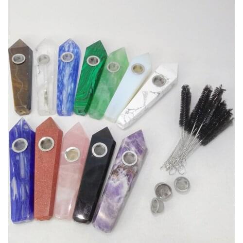 Natural Quartz Crystal Stone Pipe Healing Dream Amethyst Obsidian Point Cigarette Tobacco With Metal Cleaning brush Filter