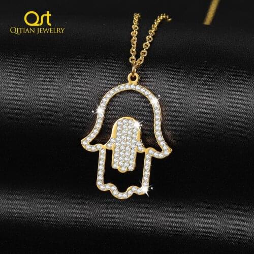 Hamsa Hand Of Fatima Pendant Iced Out Necklace For Women Men Amulet Stainless Steel Gold Hand of Fatima Choker Islamic Jewelry