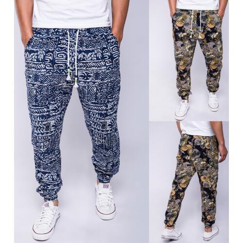 2020 New Fashion Harem Pants Mens Slack Trousers Drawstring Linen Casual Exotic Pattern Hippie Drawstring Linen Cotton Pants