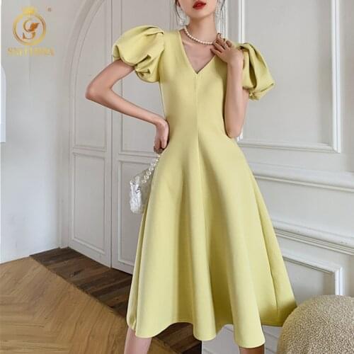 SMTHMA 2021 New Fashion Elegant Solid Summer Dress For Women V Neck Puff Short Sleeve High Waist Midi Dresses Female Clothes