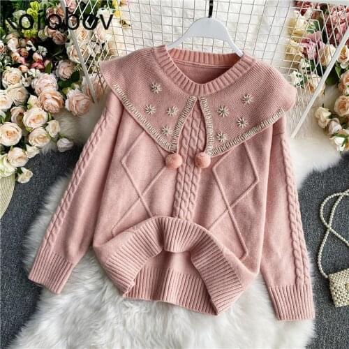 Korobov Preppy Style Pearls Sweet Sweaters Korean Long Sleeve Peter Pan Collar Sueter Mujer New Chic High Street Female Pullover