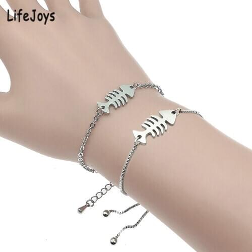 LifeJoys Fish Bone Bracelet Stainless Steel Fishbone Charm Slide Chain Bracelet Women Jewelry Fashion Sister Gifts Polished