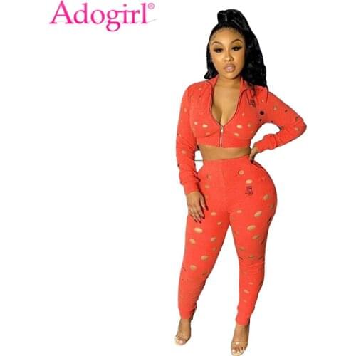 Adogirl Hollow Out Women Tracksuit Casual Two Piece Set Front Zipper Long Sleeve Crop Top Pencil Pants Solid Female Clothes