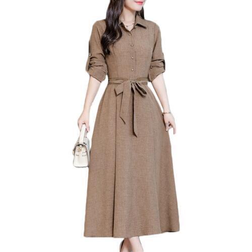 Women Plus size Dress Spring Summer Elegant Temperament Long Dresses Womens Slim Fashion Long-sleeve Cotton Linen Dresses F115