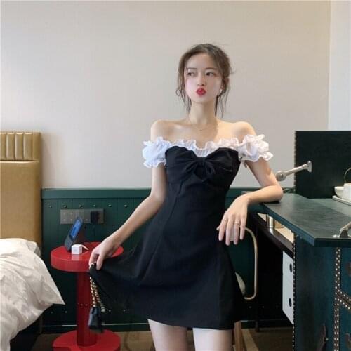 Off Shoulder Black Slash Neck A-Line Short Dresses Womens Clothing Slim Summer Sexy Style Dress Korean Fashion Female New