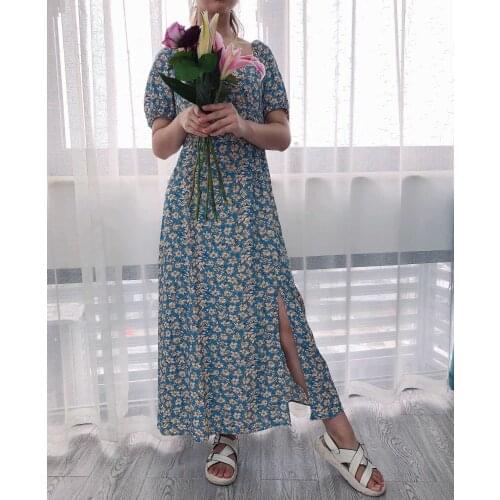 Women Floral Print Midi Dress 2021 New Puff Sleeve Slim Waist Vintage Square Collar Split Viscose Long Dresses Holiday