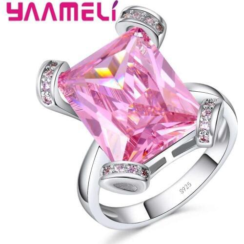 Romantic Big Pink Beauty Crystal 925 Sterling Silve Rectangle Shape Jewelry for Women Girls Engagement & Wedding