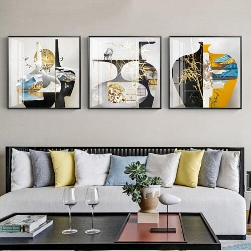 Abstract Vase Marble deer Bamboo birds mountain Print Painting gold Poster Wall Art Picture Canvas Living Room Office Home Decor