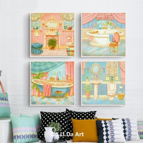 Free shipping pastoral bathrooms landscape set picture cartoon oil painting printed on canvas home wall art decoration pictures