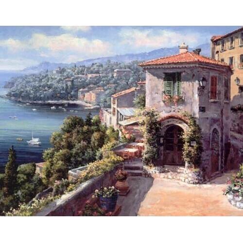 Free shipping mediterranean style house scenery seascape oil painting canvas printings on canvas home wall decoration picture
