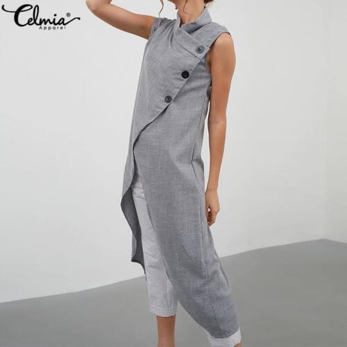 Celmia Women Retro Blouse Asymmetrical Tops Tunic Summer Sleeveless Button Down Casual Loose Split Long Shirt Oversized Blusas