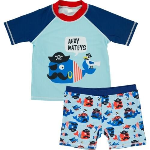 Kavkas Kids Boy Swimsuit Top + Pants Elastic Summer Beach Surfing Clothes Short Sleeve Cool Print Children Swimwear