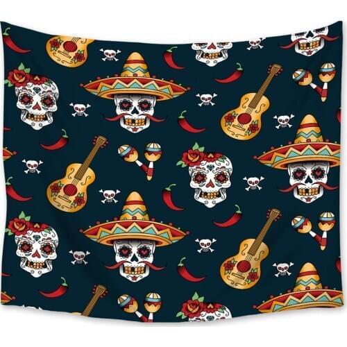 Mexican Guitar Skull Tapestry Wall Hanging Polyester Home Bedroom Decor Cartoon Bedspread Beach Mat Blanket Yoga Mat Tapestries
