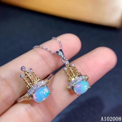 KJJEAXCMY Fine Jewelry 925 Sterling Silver Inlaid Natural opal Gemstone fashion castle Ring Necklace Pendant Set Support test