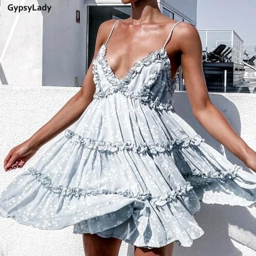 GypsyLady Summer Sexy Strappy Mini Dress Deep V Ruffles Boho Holiday Beach Mini Dress Backless Sexy Ladies Female Women Dress