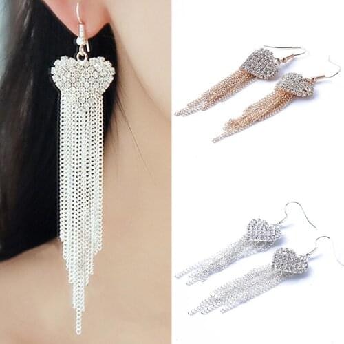 Fashion New Heart Crystal Dangle Earrings for Women Tassel Long Bling Rhinestone Earrings Jewelry Love Wedding Bridal Gift Decor