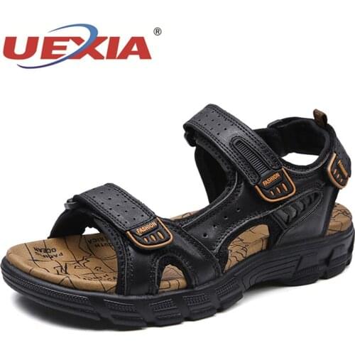 Mens Beach Sandals Soft Leather Breathable Sport Anti-slippery Wear-resistant Outdoor Light Shoes Handmade Hollow Breathable