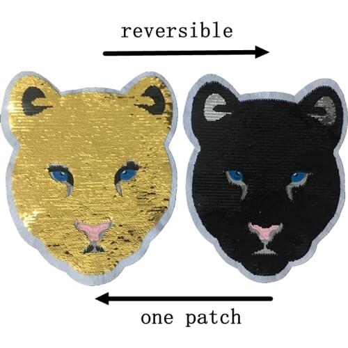2020 new Gold to Black Reversible Leopard Sequined Sew on Patches for Clothes 20 x 25cm Blue eye Leopard Embroideried Appliques