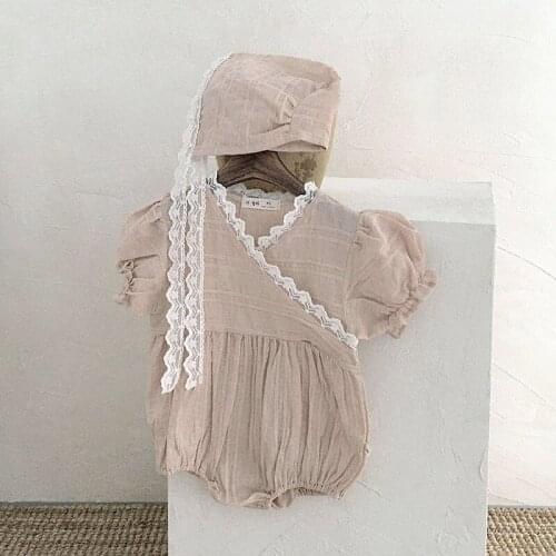 2021 Summer New Baby Clothes Lace Collar Girls Bodysuit Puff Sleeve Infant Outfits Korean Toddler Clothes with Hat