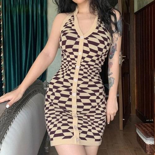 Plaid Print Y2K Brown Knitted Dresses Women 90s Aesthetic Backless Button Up Dress Summer Vintage Harajuku Outfits