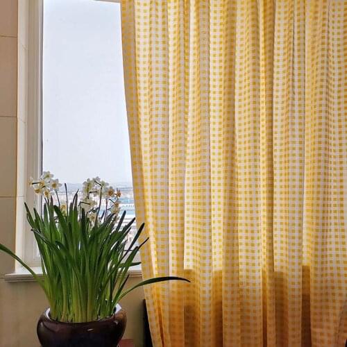 Buffalo Plaid Semi Sheer Curtains Light Filtering Refresh Yellow&White Voile Checkered Curtain for Window Treatment Panel TJ3981