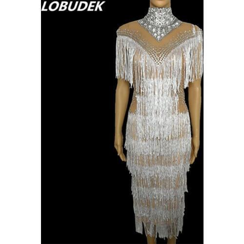 Sexy See Through Mesh Crystal Tassels Dress Bar One Piece Female Prom Celebration Star Singer Host Stage Outfit Dance Costume
