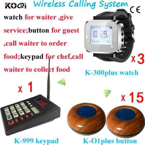 Ktichen Call Waiter System With 1pc Wireless Keypad And 3pcs Wrist Watch,15pcs Press Buttons For Restaurant DHL Shipping Free