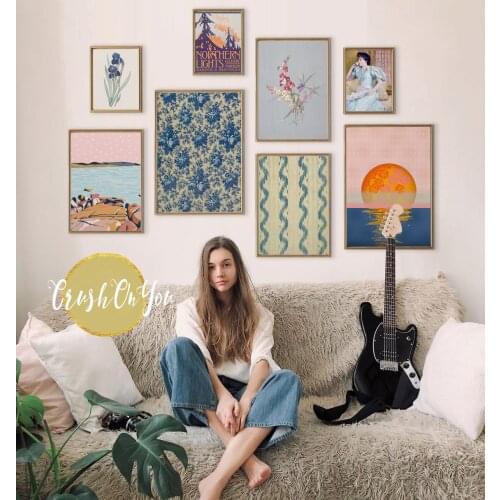 Navy Blue Gallery Wall Prints Set Art Bundle Antique Flowers Set of 8 Pictures Bohemian Artwork Collection Vintage Wall Art