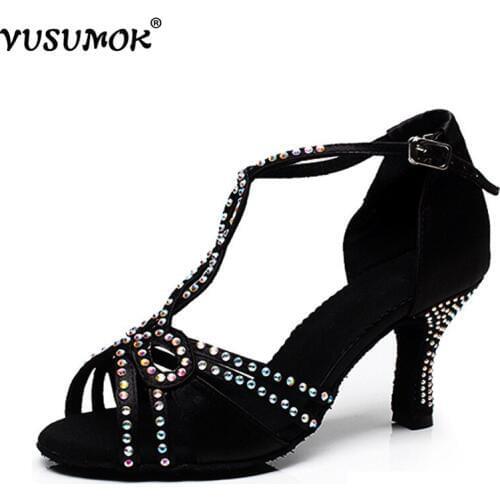 VUSUMOK Satin Crystal Rhinestone Women Dance Shoes Weddidng Salsa Tango Ballroom Dance Shoes Latin Shoes Dancing Shoes Black New