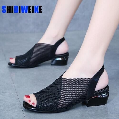 2021 Women Sandals Fashion Thick Heel Peep Toe Womens Shoes Mesh Breathable Sandals Ladies Plus Size 41 Girls Summer Sandal