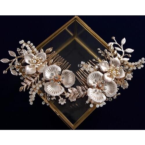 Woman European Gold Brides Hair Combs Leaves Flower Sticks Rhinestone Wedding Hair Accessories