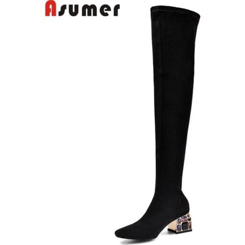ASUMER 2020 top quality stretch boots women suede leather sexy slim crystal heels dress party shoes women over the knee boots