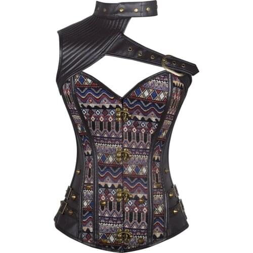 Womens Gothic Leather Corset Top Steampunk Corset Sleeveless One Shoulder Vintage Punk Corset Top Corselet Waist Trainer Bustier