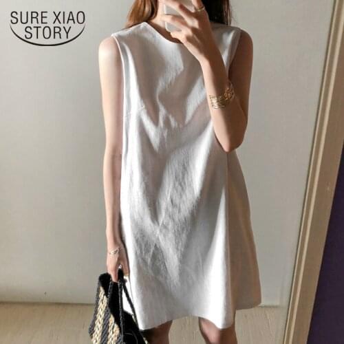 Korean Style Ins Cotton Linen Multi-Color Basic Vest Dress Simple Casual Loose O-collar Sleeveless Female Dress Robe Femme 10089