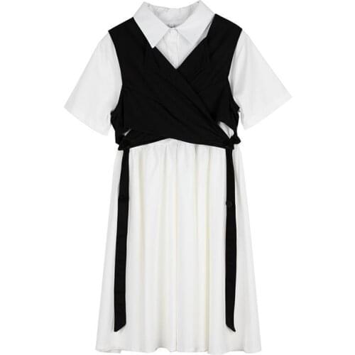 Summer new Hepburn style tooling vest white shirt dress two-piece female dress short-sleeved loose student style dress for women