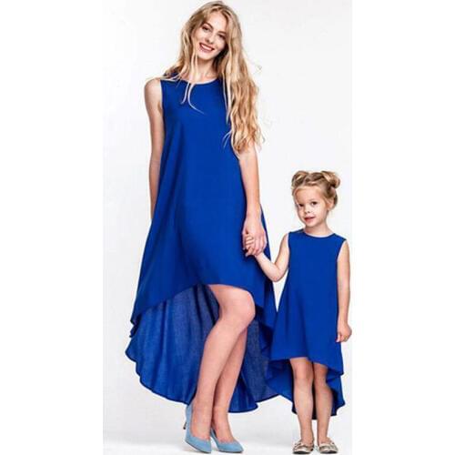 2019 Mother Daughter Blue Dress Summer Sleevless Matching Women Kids Girls Casual Swing Dress Family Matching Fashion Clothes
