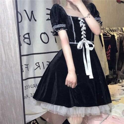 Japanese Vintage Lace Stitching Short Sleeve High Waist Dress Women 2021 Summer Cute Maid Dresses Gothic Dress Kawaii Girl Lolia
