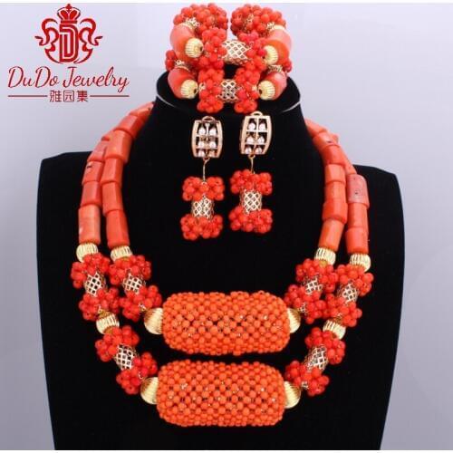 2017 Newest Coral Jewelry Sets Nigerian Dubai Orange Necklace Sets of Beads African Bridal Jewelry Sets Brand Free Shipping