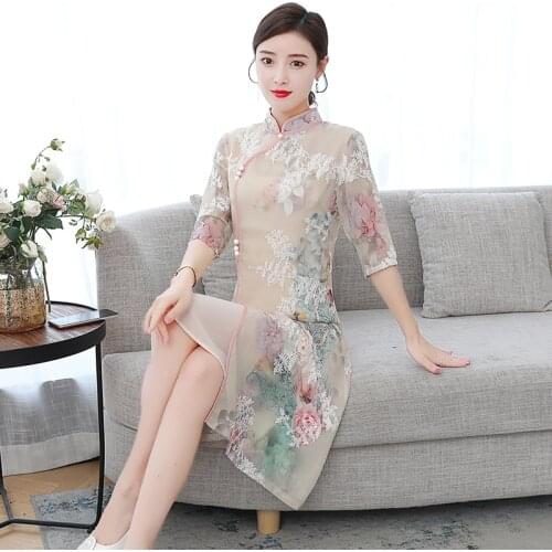 2021 chinese improved embroidered lace qipao aodai dress stand-up collar oriental split design graceful women formal party dress