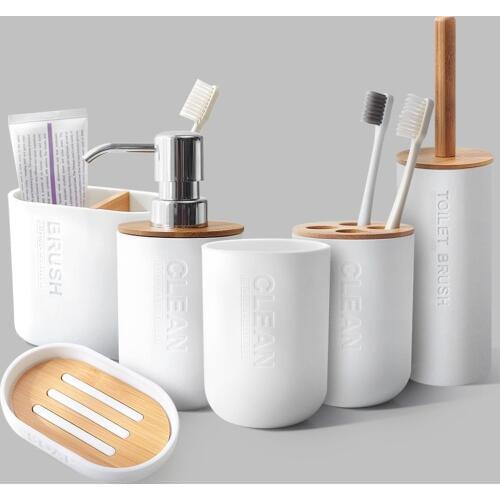 6Pcs Bamboo Bathroom Set Toilet Brush Holder Toothbrush Glass Cup Soap Dispenser Soap Dish Bathroom Accessories