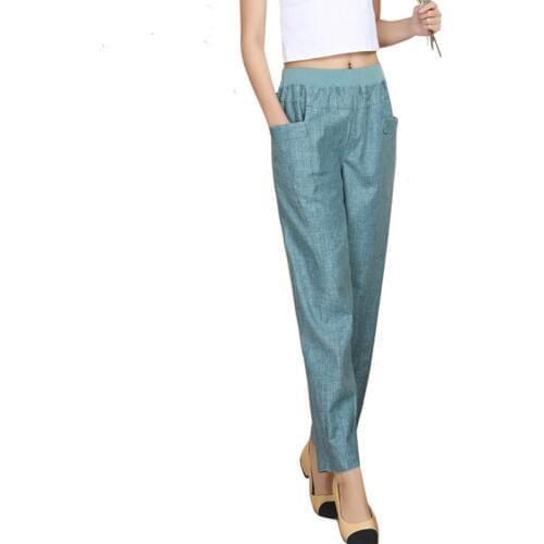 Summer Women Linen Harem Pants Middle-aged Lady Elastic Waist Loose Casual Pants Plus Size 4XL Pocket Thin Female Trousers R2287